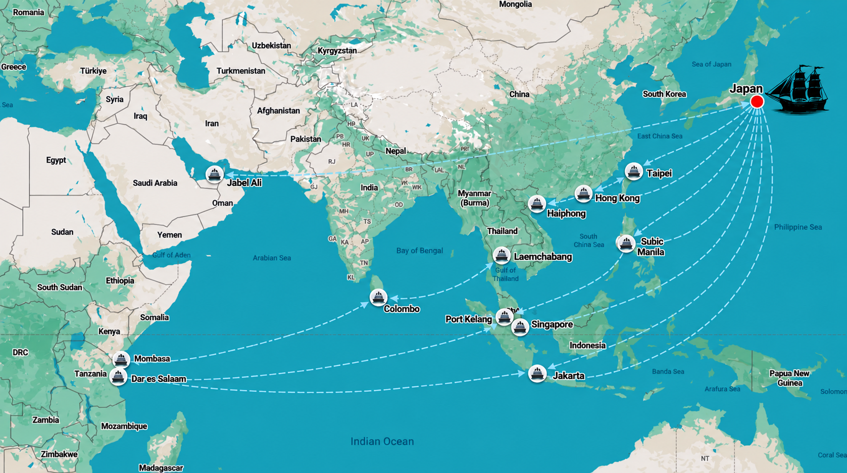 Omega Shipping global routes map — Japan to East Asia, Southeast Asia, Middle East and East Africa